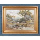 William Rivington, a gilt framed oil on board, landscape scene with cattle. Initialled and dated