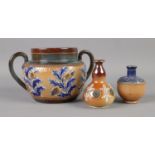 Two miniature Doulton and Lambeth stoneware vases along with small Royal Doulton twin handled