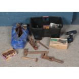 A box and a bag of mostly vintage hand tools. Includes Marples plane, hammers, etc.