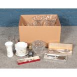 A box of assorted items, to include Waterford crystal vase, Brierly bowl, Minton Haddon Hall, bone