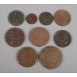 A quantity of antique copper and bronze coins, including British and foreign examples. Contains 1799
