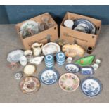 Two boxes of mixed ceramics including some blue and white, various commemorative and collectable