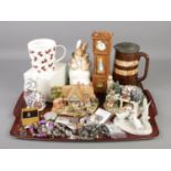 A tray of ceramics and costume jewellery. Includes Border Fine Arts Peter Rabbit Clock, Lilliput