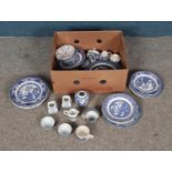 A box of mixed blue and white ceramics including pieces by W.R.Midwinter Ltd.