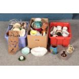 Three boxes of miscellaneous ceramics including lamps, studio pottery, vases, etc.