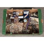A box of assorted costume jewellery to include simulation pearls, necklaces, earrings, brooches,
