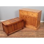 A modern pine cupboard along with earlier blanket box Cupboard measuring Hx89cm Wx108cm Dx52cm