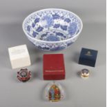 A Wedgwood paper weight, Strathearn paper weight, Royal Worcester pill box and large blue and