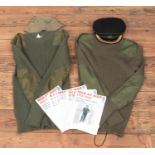 Two army jumper pull overs with RADC cap, army bucket hat and several editions of men at war