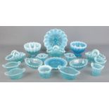 A collection of Davidsons blue Pearline glass. Includes pair of baskets, pedestal bowls, etc.