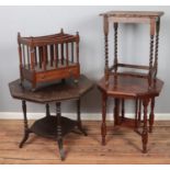 Four pieces of furniture. Includes two Victorian window tables, Edwardian mahogany canterbury and