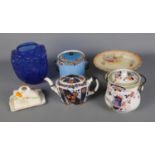 A box of miscellaneous ceramics and glassware to include blue coloured glass lampshade, crown