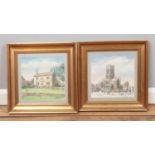 H. Bletcher pair of gilt framed watercolours depicting winter church scene and countryside cottage