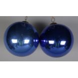 Two Marque Deposee blue glass bauble. (12cm x 12cm) Excluding hanger.