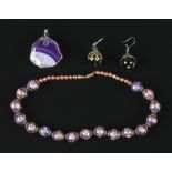 A Murano glass bead necklace with costume earrings and synthetic blue john pendant.