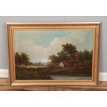 Barker, framed oil on canvas depicting countryside cottage landscape with figures. Approx.