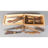 A tool box with contents of vintage tools. To include Rabone Chesterman spirit level, Stead & Co (