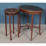 An oval window table along with a circular table. The circular table with fan patera inlaid