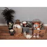 Three boxes of miscellaneous. Includes Monmouth vase, ceramic figures, large decorative vase, ornate