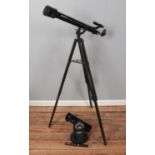 A Tasco telescope on tripod stand along with a smaller National Geographic example, etc.