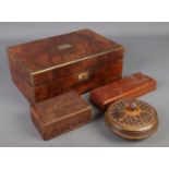 Four wooden boxes. Includes walnut example with brass inlay, etc.
