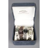 Four fossil wristwatches including Fossil Steel and F2 examples. Includes Rotary watch box.
