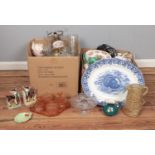 Three large boxes of mainly assorted ceramics and glassware. To include pink glass bedroom set,