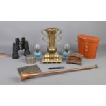 An assortment of collectables, to include copper hunting horn, brass desk double inkwell set,