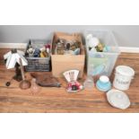 Three boxes of miscellaneous. Includes Tiffany style lamp, Poole dinnerwares, bellows, cut glass,