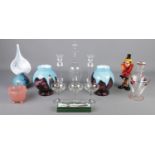 A quantity of glassware. Includes Murano glass clown, Edwardian etched glass decanter, pair of Val