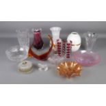 A collection of assorted glassware to include Viartec Selenium sculpture, cranberry glass vases,