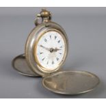 A white metal full hunter pocket watch. Cracking to face. Scuff/crack to case.