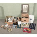 Three boxes of miscellaneous. Includes Regency Fine Art figures, silver plate, cabinet plates, boxed