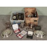 Two boxes of metalwares. Includes silver plated trays, pewter, Walker & Hall coffee pot, tureens,