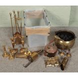 A box of metalwares. Includes brass cauldron, Salter's clockwork spit, copper kettle,