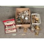A box of assorted brass and silver plate to include Sheffield canteen of cutlery, teapot, horse