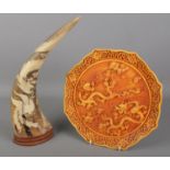 A Chinese carved water buffalo horn depicting dragon & phoenix along with a Chinese cinnabar style