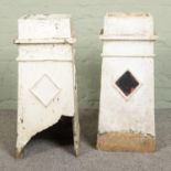 A pair of garden chimney pots featuring diamond motif. Approx. height 66cm. One pot has badly