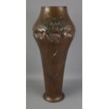 A large art nouveau copper vase Hx61cm Damage to widest part all way round, paint scratches