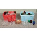 Two boxes of assorted glassware, to include coloured, cut, carnival examples and candlesticks.