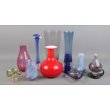 A collection of art glass, to include Vasart style vases, Dartington examples, glasses and pin tray.