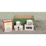 A box of assorted items, to include three pairs of silver jubilee glasses, eight Bunnykins mugs,