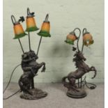 Two modern composite lamps formed as rearing horses, one with seated cowboy. Approx. height of