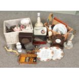 Two boxes of miscellaneous. Includes bakelite speaker, vintage tins, lamps, Ideal Cream Maker,