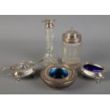 A quantity of silver. Includes silver salt with Bristol blue glass liner, silver mounted glass tea
