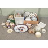 Three boxes of miscellaneous. Includes Losolware dinnerwares, Crown Ducal, floral jugs, Wade