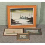 A collection of assorted paintings and watercolours to include R. Folland, sailing watercolours