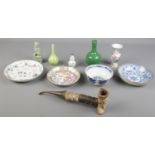 A quantity of mostly oriental ceramics. Includes Celadon dog of fo, blue & white tea bowl, Cantonese