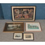 A collection of pictures. Includes framed tapestry on papyrus, depicting an Egyptian scene,Alfred