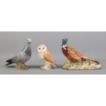 Three Beswick birds; Pheasant 1226, Racing Pigeon 1383 and Barn Owl. Crazing to pigeon.
